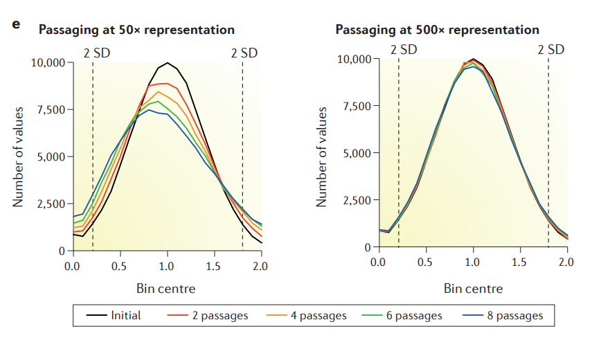 Effects of initial representative depth and passage number of library cell pools on sgRNA, respectively